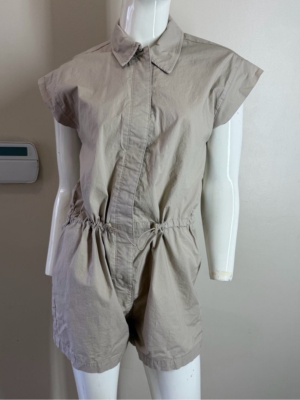 Celebrity Pink Romper Shorts Beige Safari Suit Small Cinch Waist Button Up